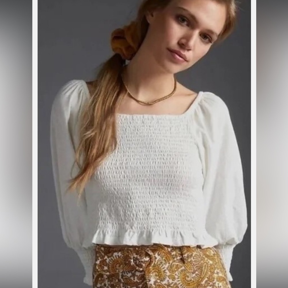 PILCRO Anthropologie Ginny Smocked Crop Top White Peasant Sleeve- Small